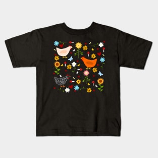 Chickens in the Garden with Sunflowers, Daisies, Dahlias, Hearts, and Mushrooms Kids T-Shirt